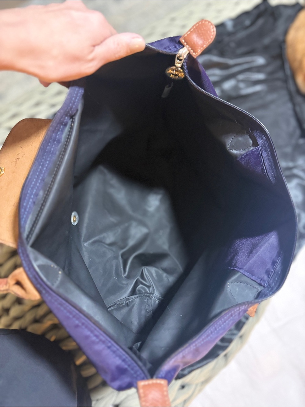 Longchamp Le Pliage Shopping Tote Purple Plum Nylon Large - Brown Leather - Picture 9 of 13